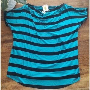 NWT Calvin Klein pullover teal/black top shirt Large cap sleeves button detail S